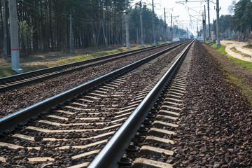 Obraz premium Modern high-speed railway.Railroad tracks.Railway track covered with gravel.Eastern Europe