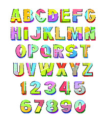 Memphis style alphabet. Uppercase letters and numbers. Template for your design works. Vector illustration.