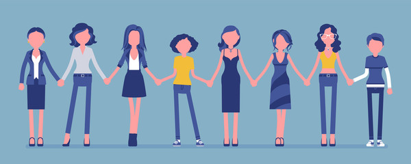 Female persons standing together holding hands. Women and girls unity of different nations, age, jobs supporting feminism movement. Vector illustration with faceless characters