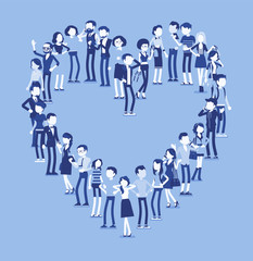Group of people making heart shape. Members of different nations, sex, age, jobs standing together forming romantic love symbol. Vector illustration with faceless characters, full length