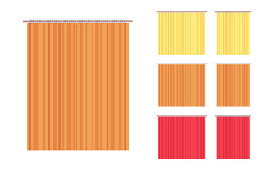 Curtain and frame drapery set. Wide blackout cloth, room darkening textile, indoor or outdoor fabric. Vector flat style cartoon illustration isolated on white background, different views and color