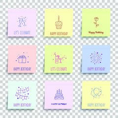 Happy birthday notes set. Paper stickers on transparent background. Template for your design works. Vector illustration.