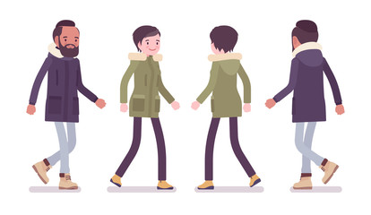 Parka man and woman walking. Young guy, girl wearing warm windproof jacket with hood, cold weather city outfit. Vector flat style cartoon illustration isolated on white background, front, rear, view © andrew_rybalko