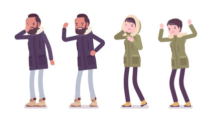 Obraz premium Parka man and woman angry in negative emotions. Young guy, girl wearing warm windproof jacket with hood, cold weather city outfit. Vector flat style cartoon illustration isolated on white background