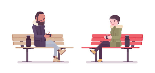 Parka man, woman sitting on a park bench. Young guy, girl wearing warm windproof fall jacket with a hood, cold weather city outfit. Vector flat style cartoon illustration isolated on white background