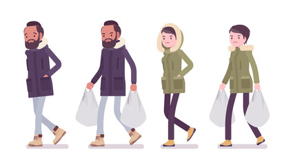 Parka man and woman walk with shopping bags. Young guy and girl wearing warm windproof jacket with hood, cold weather city outfit. Vector flat style cartoon illustration isolated on white background