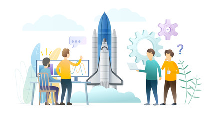 Engineers launch rocket flat vector illustration. Spacecraft, spaceship vehicle construction. Space exploration, startup launch concept. Scientist, technicians, programmers working characters.