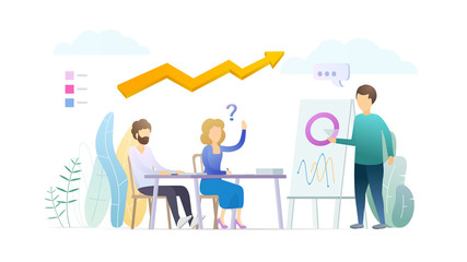 Business training flat vector illustration. Sales pitch, presentation. Financial coach, trainer, mentor cartoon character. Stock market analytics, statistics. Conference, seminar, lecture concept.