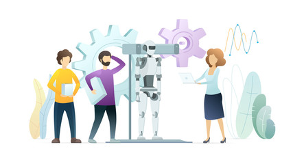 Robots engineering flat vector illustration. Futuristic technology, robotics industry. Engineers, scientists, programmers designing and creating humanoid characters. Innovation, invention, AI concept.