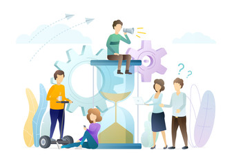Time management flat vector concept illustration. Workflow optimization. Working process control. Procrastination and wasting time problem. Timeliness and deadlines respect. People and hourglass.