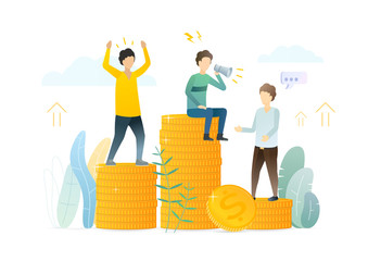 Finance market experts victory flat illustration. Comparing company workers efficiency, achievement. Workplace competition, rating system. Promoting successful employees, increasing salary, wages.