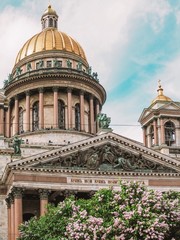 Fototapeta premium Variegated branches of lilac against the dome of St. Isaac's Cathedral in St. Petersburg
