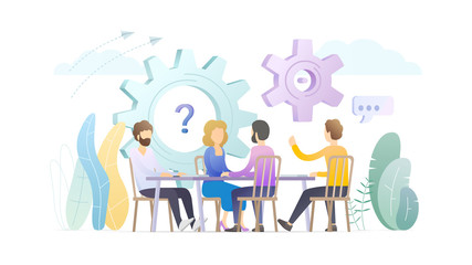 Office work flat vector illustration. Coworking, business meeting, conference concept. Workers, managers discussing project cartoon characters. Workforce, staff, personnel brainstorming, teamwork.