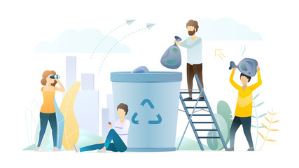 Waste recycling flat vector concept illustration. Trash sorting, garbage reusing. Environment protection, pollution prevention. People throwing out rubbish into garbage bin, trash can characters.