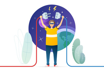 Man holds power plug and socket flat illustration. Male electrician, technician ready to connect cables cartoon character. Global electricity generation metaphor. Scientific experiment, system testing