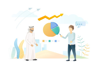 Arabian business partner flat vector illustration. Male entrepreneurs discussing business project in UAE cartoon characters. Investment expert making economic analysis, analyzing income, profit rates.