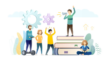 Protesting people at strike vector illustration. Male agitator holding loudspeaker, shouting demands. Young, adult protesters fighting for labour rights. Students demonstration, anti-government riot.