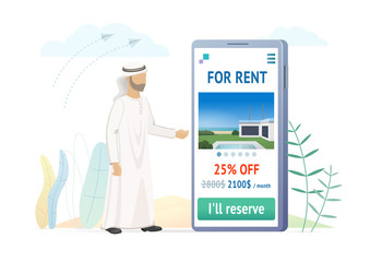 Arabian man uses home rental app flat illustration. Online rent mobile application with discount offer. Finding apartment in UAE. Male arab making accommodation reservation with smartphone.