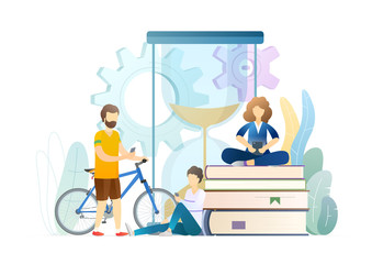 Reading time metaphor flat vector illustration. Parents, son looking at smartphone screen. People wasting time, procrastination. Pastime, leisure, relax with books, acquiring knowledge.