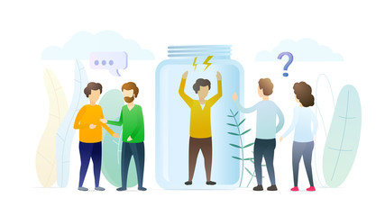Social isolation of people vector illustration. Lonely person in glass bottle crying for help. Psychological disorder, depression metaphor. Barriers leading to communication problem, misunderstanding.