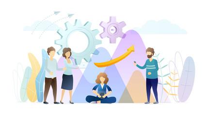 Business management metaphor flat illustration. Experts, managers showing reports, statistics, growth rates. Using gadgets in work organization. Personnel, staff with smartphones at workplace.