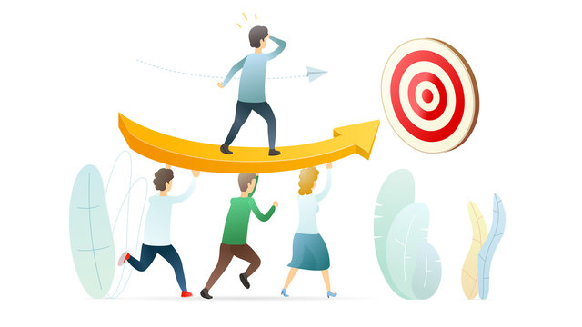 Goal achievement flat vector concept illustration. Aim, target achieving. Team leader, boss cartoon character. Teamwork, team building. Successful people, marketers, employer with employees.