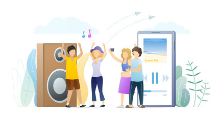 People dancing at party flat vector illustration. Male, female dancers enjoying music, summer hits. Students, friends celebrating birthday. Couple making funny selfie. Smartphone speakers app.