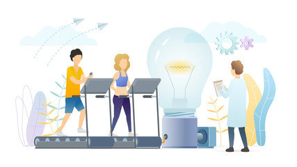 Sportsmen running on treadmills flat vector illustration. Electricity power generation. Physiology scientific research. Gym, fitness center cardio training. Exercise equipment connected to light bulb.