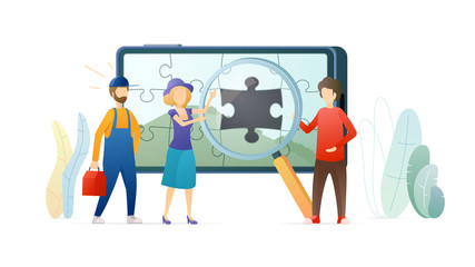 Mobile app development flat vector illustration. Smartphone display with missed jigsaw puzzle. Touchscreen repairing concept. Phone screen and magnifying glass. Application optimization.