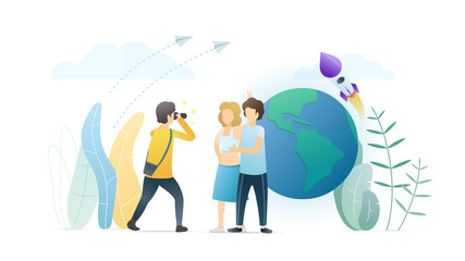 Photographer taking picture flat vector illustration. Happy couple posing for professional artist. Young people making funny photo. Friends travelling around the world, visiting different countries.