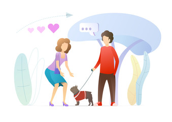Couple dating flat vector illustration. Man pick up woman in park. Boyfriend and girlfriend walking with dog cartoon characters. Romantic talk, conversation concept. Young people communicating.