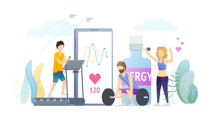 Cardio training flat vector illustration. Healthy lifestyle concept. Physical activity. Sport people training at gym with treadmill, barbell cartoon characters. Heart rate, pulse tracker mobile app.