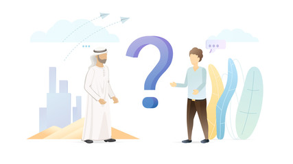 International partnership flat vector illustration. Arabian business concept. Foreigner asking, talking with muslim man isolated cartoon characters. UAE business partner. Traveler with islamic person.