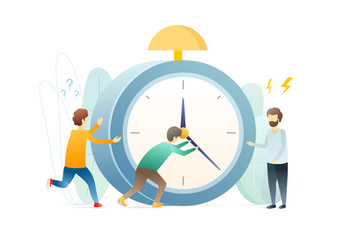 Deadline metaphor flat vector illustration. Time running concept. Men setting clock arrows isolated cartoon characters. Timeliness, time management. Worker nervous about urgent task.