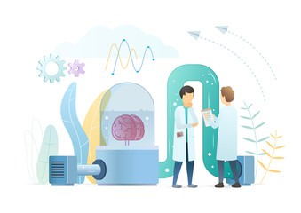 Neurology flat vector illustration. Scientists studying brain cartoon characters. Scientific research, neurophysiology concept. Biologists at modern, futuristic laboratory discussing neuroscience.