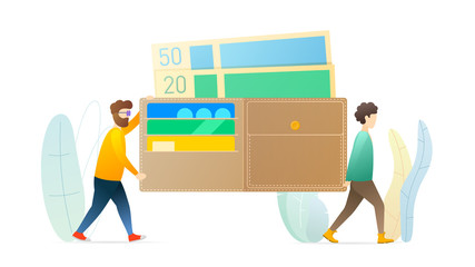 Money, finance management flat vector illustration. Two men carrying big wallet cartoon characters. Cash, credit cards. Banking, financial literacy, wealth concept. Earn, spend money.