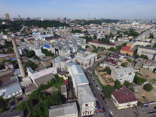 Historical area early morning at spring. Downtown. Drone image.Kiev