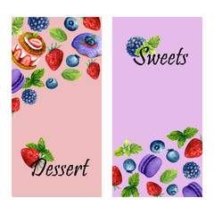 Set of two vertical banners with watercolor sweet desserts, mint and place for text. Templates with donut, cake, macarons and berries