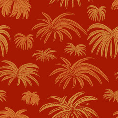 Fototapeta na wymiar Hand drawn simple seamless pattern of Palms leaves in sandy gold, on redwood brown background - Vector. Useable for deco, textures, wallpaper, backdrops, fashion etc.