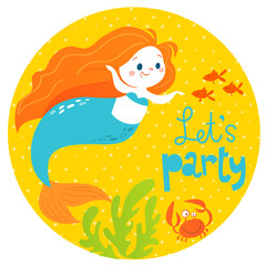 Cartoon style vector summer design with cute mermaid girl and sea fish 