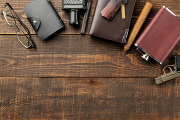 Men's Accessories. men's style. purse, flask, smoking pipe, perfume, business card holder,...