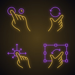 Touchscreen gestures neon light icons set