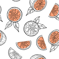 Hand drawn grapefruits, oranges pattern on white background