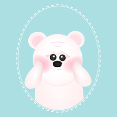 Cute white bear with red cheeks, on blue backgrounds. For baby card and invitation. Vector illustration.