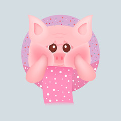 Cute little pig with red cheeks with pink scarf, on pink backgrounds. For baby card and invitation. Vector illustration.