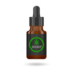 Realistic brown glass bottle with hemp oil. Mock up of cannabis oil extracts in jars. Medical Marijuana logo on the label. Vector illustration.