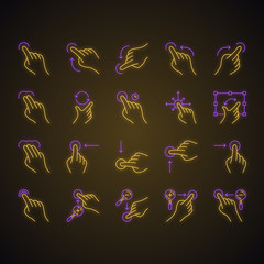 Touchscreen gestures neon light icons set