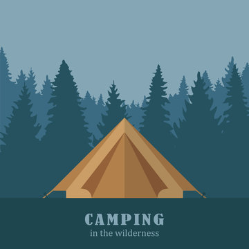 camping in the wilderness tent in blue forest vector illustration EPS10