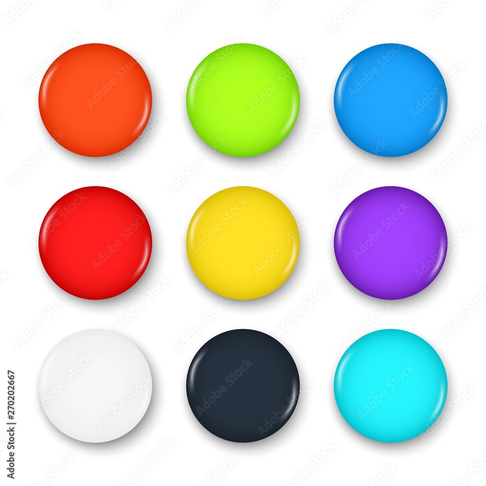 Poster set of colorful realistic badges. glossy pin button with shadow. 3d blank mock up. template design f