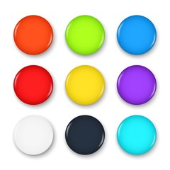 Set of colorful realistic badges. Glossy pin button with shadow. 3d blank mock up. Template design for product promotions, sale, emblem, volunteer label.